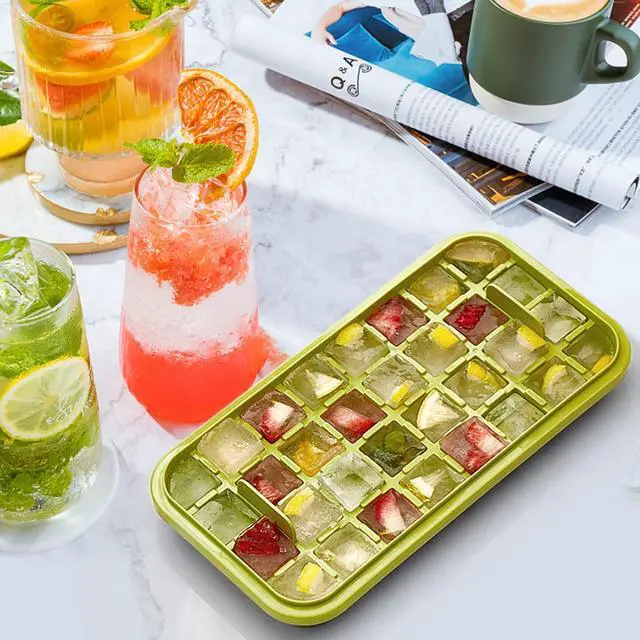 Alt view image 6 of 6 - Ice Cube Tray with Lid and Bin, 2 Pack Ice Cube Trays for Freezer, 64 Pcs Ice Cube Mold, Press Button Easy Release Ice Tray, Small Ice Cubes Maker for Drinks(Green)