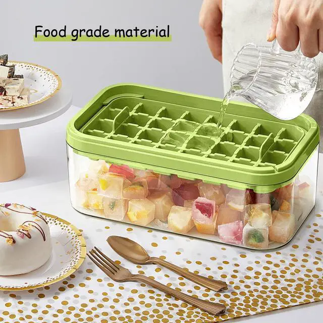 Alt view image 5 of 6 - Ice Cube Tray with Lid and Bin, 2 Pack Ice Cube Trays for Freezer, 64 Pcs Ice Cube Mold, Press Button Easy Release Ice Tray, Small Ice Cubes Maker for Drinks(Green)