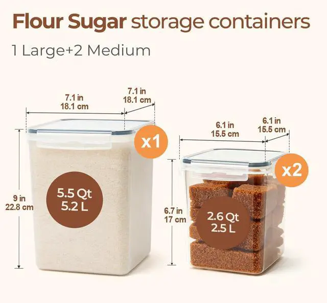 Alt view image 2 of 7 - Airtight Flour and Sugar Container 2.6Qt & 5.5Qt 3Pack, Wide Mouth