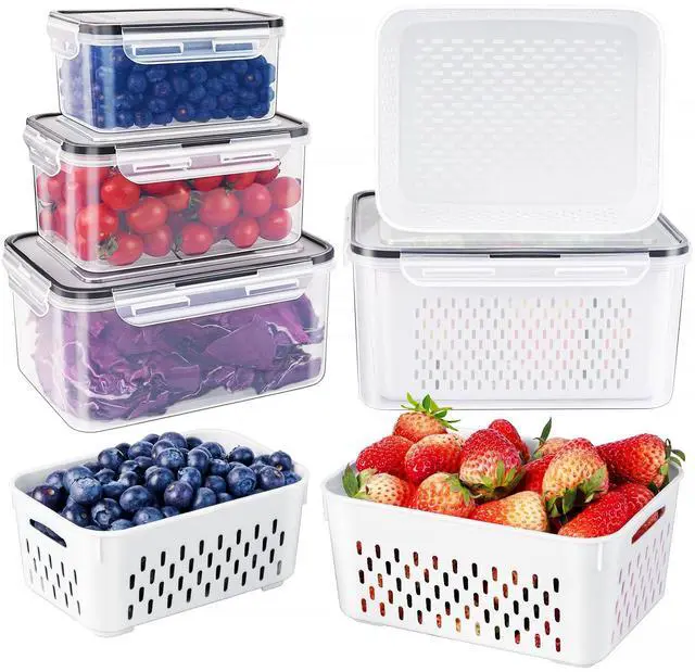 Main image of Fruit Storage Containers for Fridge with Removable Colander, Airtight Food Storage Container, Dishwasher Safe Produce Saver for Refrigerator, Keep Berry Fruit Fresh Longer 4 pcs Small Clear