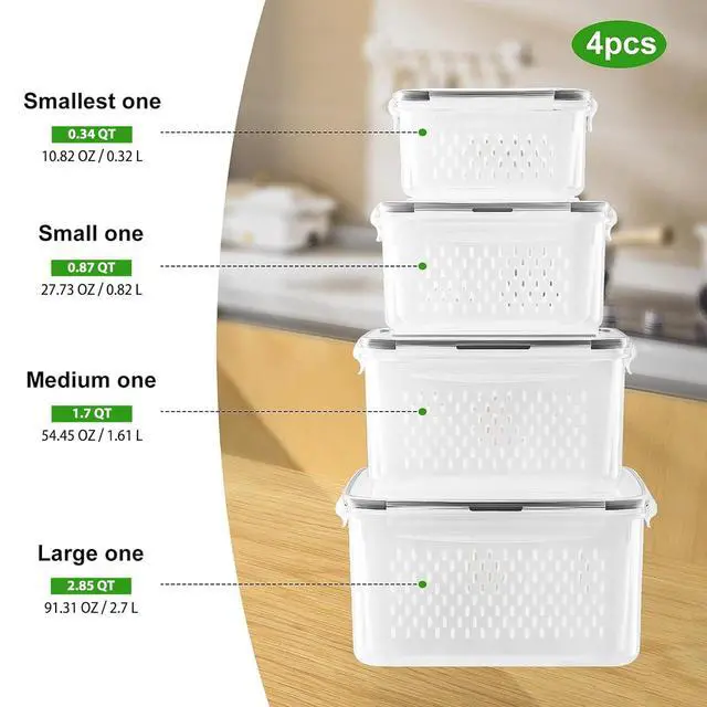 Alt view image 2 of 7 - Fruit Storage Containers for Fridge with Removable Colander, Airtight Food Storage Container, Dishwasher Safe Produce Saver for Refrigerator, Keep Berry Fruit Fresh Longer 4 pcs Small Clear