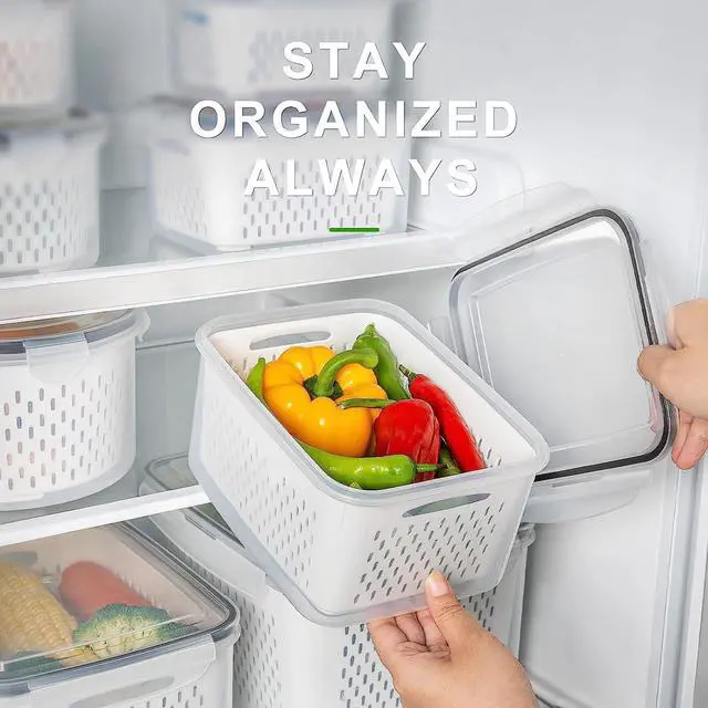 Alt view image 6 of 7 - Fruit Storage Containers for Fridge with Removable Colander, Airtight Food Storage Container, Dishwasher Safe Produce Saver for Refrigerator, Keep Berry Fruit Fresh Longer 4 pcs Small Clear