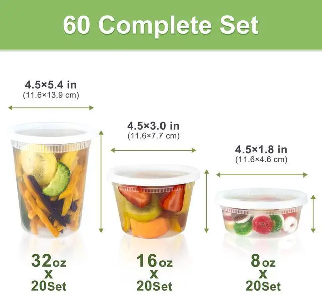 Alt view image 2 of 7 - 60 Sets (120-Piece) Deli Containers with Lids, 32/16/8 oz X 20 Set Each, Leak-Proof & BPA Free Airtight Takeout Plastic Food Storage Containers for Soup, Freezer/Microwave/Dishwasher Safe