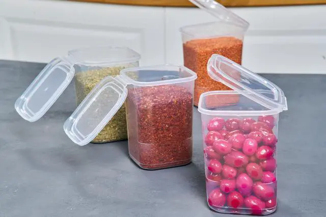Alt view image 5 of 6 - 10 Pack 39 oz Airtight Food Storage Containers with Attached Hinged Lids Stackable BPA Free Plastic Pantry Storage Containers for Flour, Sugar & Cereal Clear Kitchen Containers