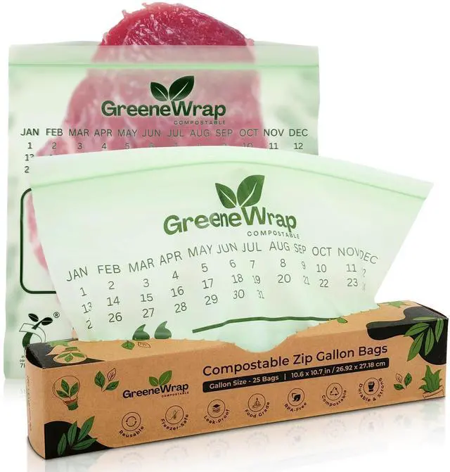 Main image of Compostable Gallon Freezer Bags, 25 Count, Extra Thick 2 Mil, Resealable Leak-Proof Zipper, BPI Certified, ASTM D6400, Gallon Food Storage Bags