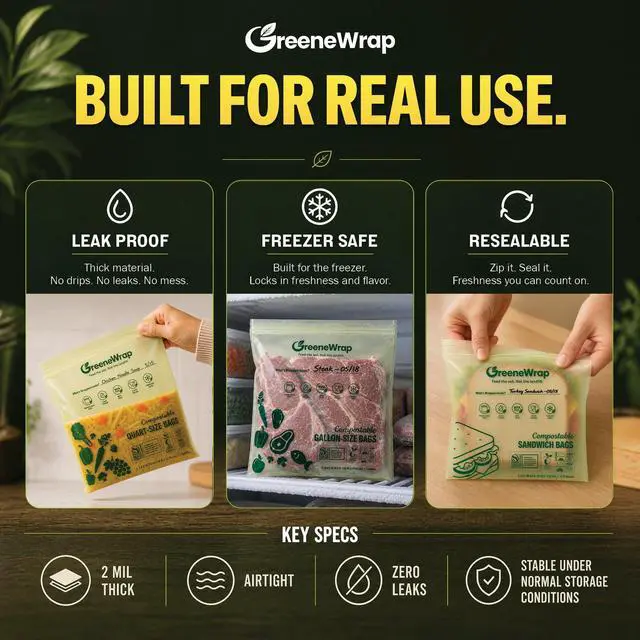 Alt view image 6 of 7 - Compostable Gallon Freezer Bags, 25 Count, Extra Thick 2 Mil, Resealable Leak-Proof Zipper, BPI Certified, ASTM D6400, Gallon Food Storage Bags