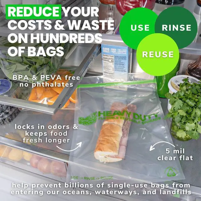 Alt view image 5 of 5 - REUSABLE STORAGE BAGS, Extra Large HEAVY DUTY 5-mils US-Made, BPA FREE, NO PEVA, Dishwasher-Safe Reusable Freezer Bags Triple Zip CLEAR FLAT XXL 2-Gallon 12" x 16" - 5pk