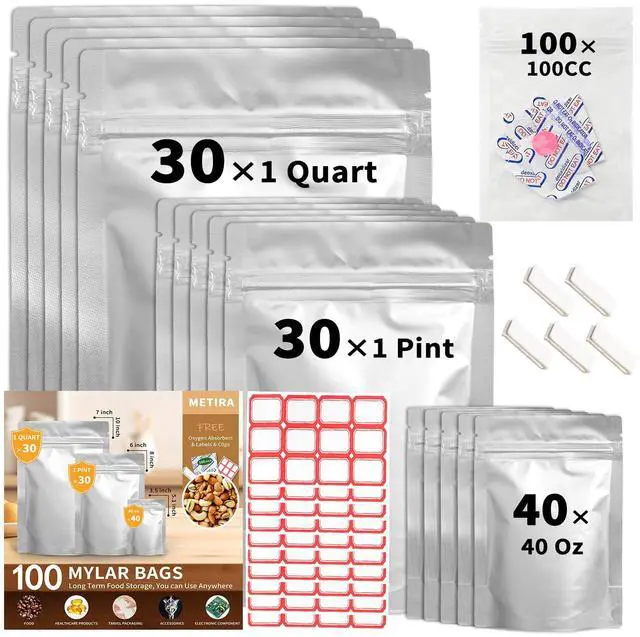 Main image of 100 PCS Mylar Bags with 100cc Oxygen Absorbers, 3-Size Food Storage Bags Variety Pack (1 Quart, 1 Pint, 40oz)Stand-up Resealable Zipper & Heat Sealable for Long Term Food Storage, 5 Clips & 120 Labels