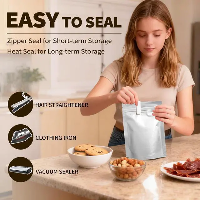 Alt view image 4 of 6 - 100 PCS Mylar Bags with 100cc Oxygen Absorbers, 3-Size Food Storage Bags Variety Pack (1 Quart, 1 Pint, 40oz)Stand-up Resealable Zipper & Heat Sealable for Long Term Food Storage, 5 Clips & 120 Labels