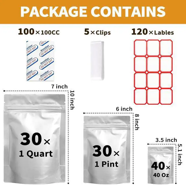 Alt view image 2 of 6 - 100 PCS Mylar Bags with 100cc Oxygen Absorbers, 3-Size Food Storage Bags Variety Pack (1 Quart, 1 Pint, 40oz)Stand-up Resealable Zipper & Heat Sealable for Long Term Food Storage, 5 Clips & 120 Labels