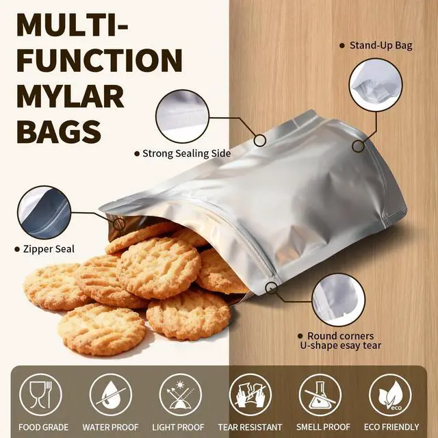 Alt view image 3 of 6 - 100 PCS Mylar Bags with 100cc Oxygen Absorbers, 3-Size Food Storage Bags Variety Pack (1 Quart, 1 Pint, 40oz)Stand-up Resealable Zipper & Heat Sealable for Long Term Food Storage, 5 Clips & 120 Labels