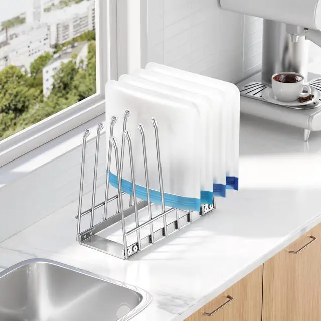 Alt view image 2 of 7 - Reusable Bag Drying Rack, Foldable Metal Stand for Reusable Ziplock & Silicone Storage Bags, Rustproof Kitchen Dryer, Silver