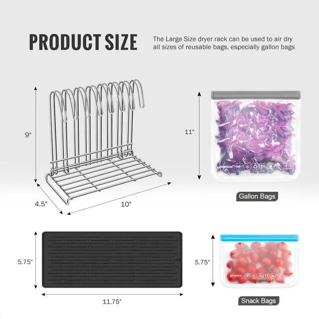 Alt view image 5 of 7 - Reusable Bag Rack with Cup Drying Mat,Plastic Bag Dryer Rack Dish Drying,Collapsible Kitchen Counter Storage Organizer Sponge Holder,Dryer Rack for Silicone Storage Bag,Kitchen Must Have