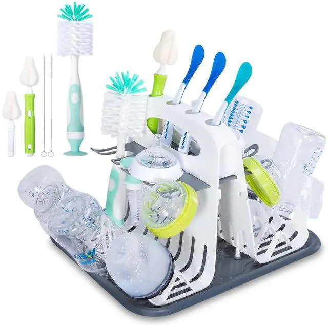 Main image of High Capacity Drying Rack with 5pcs Brushes, Deluxe Countertop Drying Rack, Universal Drying Station, Baby Bottle Drying Rack with Bottle Brushes, White