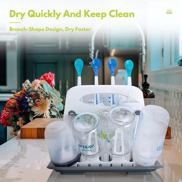 Alt view image 3 of 7 - High Capacity Drying Rack with 5pcs Brushes, Deluxe Countertop Drying Rack, Universal Drying Station, Baby Bottle Drying Rack with Bottle Brushes, White