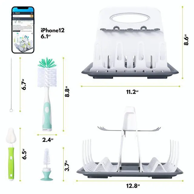 Alt view image 7 of 7 - High Capacity Drying Rack with 5pcs Brushes, Deluxe Countertop Drying Rack, Universal Drying Station, Baby Bottle Drying Rack with Bottle Brushes, White
