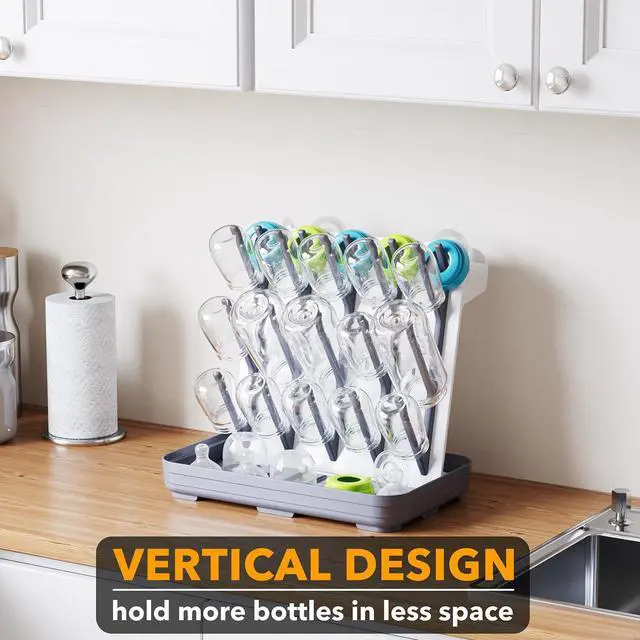 Alt view image 3 of 7 - Baby Bottle Drying Rack with 20 Hooks, Space Saving Kitchen Bottles Rack Dryer, Vertical Baby Bottle Holder Organizer for Countertop Storage Accessories (White and Gray)