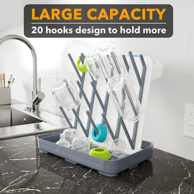 Alt view image 2 of 7 - Baby Bottle Drying Rack with 20 Hooks, Space Saving Kitchen Bottles Rack Dryer, Vertical Baby Bottle Holder Organizer for Countertop Storage Accessories (White and Gray)