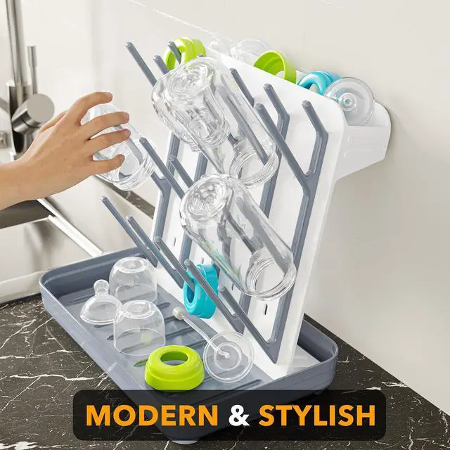 Alt view image 5 of 7 - Baby Bottle Drying Rack with 20 Hooks, Space Saving Kitchen Bottles Rack Dryer, Vertical Baby Bottle Holder Organizer for Countertop Storage Accessories (White and Gray)