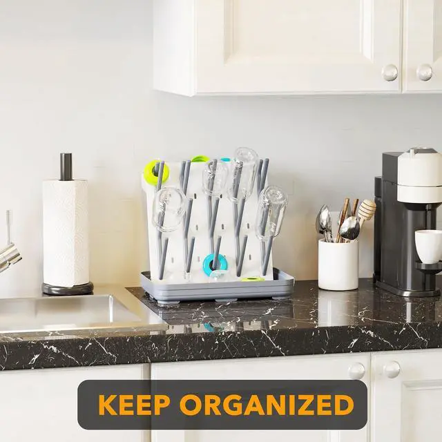 Alt view image 7 of 7 - Baby Bottle Drying Rack with 20 Hooks, Space Saving Kitchen Bottles Rack Dryer, Vertical Baby Bottle Holder Organizer for Countertop Storage Accessories (White and Gray)