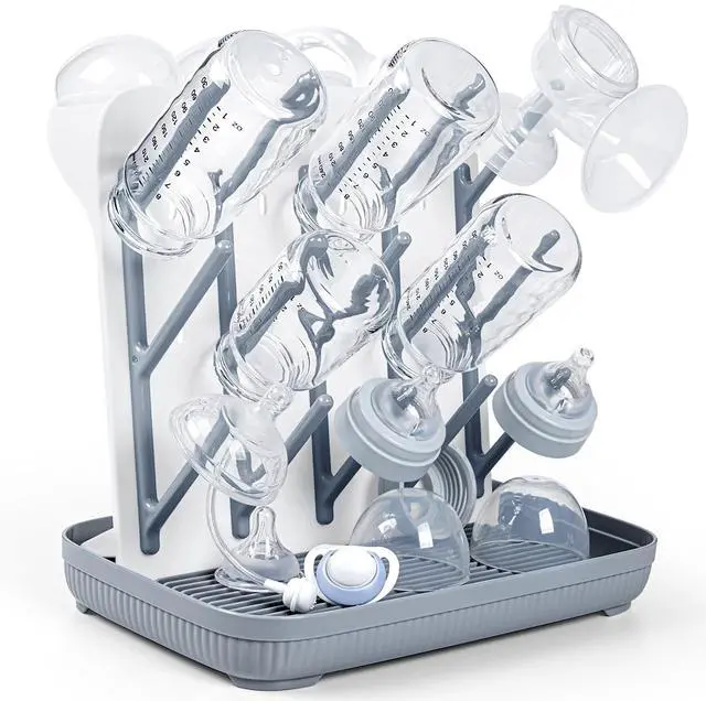 Main image of Baby Bottle Drying Rack: Large Vertical Bottle Dryer Rack Holder - Space Saving Standing Drying Rack for Baby Bottles and Pump Part Cleaning (Gray)