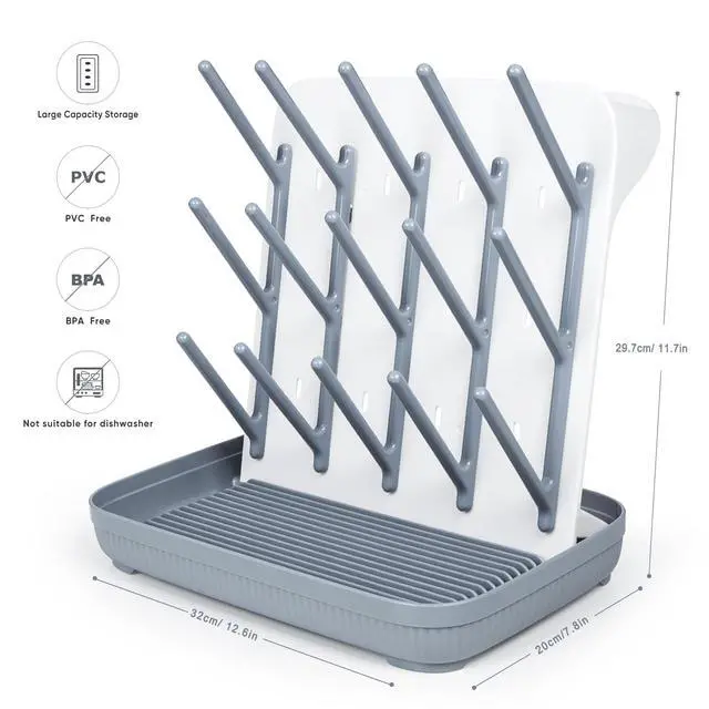 Alt view image 5 of 7 - Baby Bottle Drying Rack: Large Vertical Bottle Dryer Rack Holder - Space Saving Standing Drying Rack for Baby Bottles and Pump Part Cleaning (Gray)