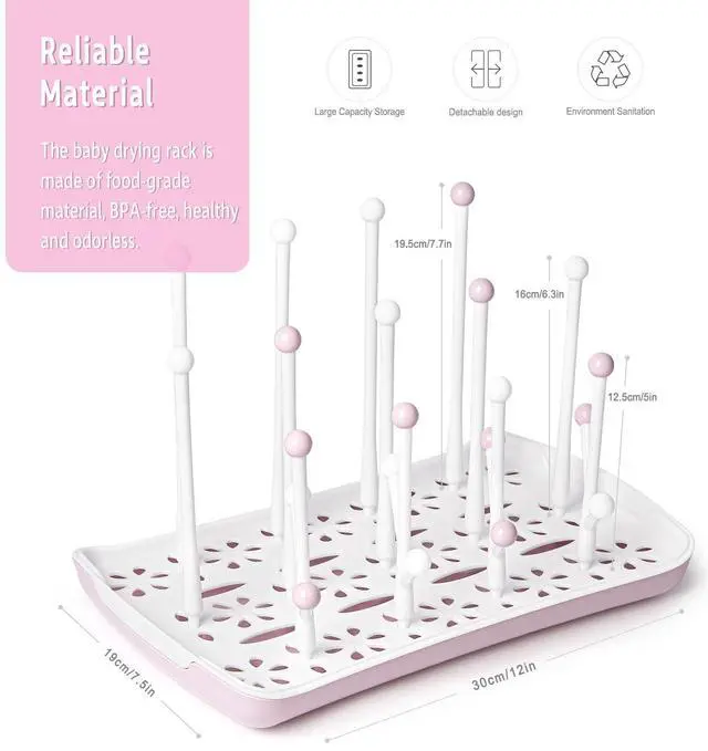 Alt view image 2 of 7 - Baby Bottle Drying Rack, Large Capacity Baby Bottle Rack for Bottles, Dry Rack with Removable Water Tray(Pink)