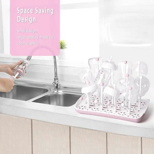 Alt view image 4 of 7 - Baby Bottle Drying Rack, Large Capacity Baby Bottle Rack for Bottles, Dry Rack with Removable Water Tray(Pink)