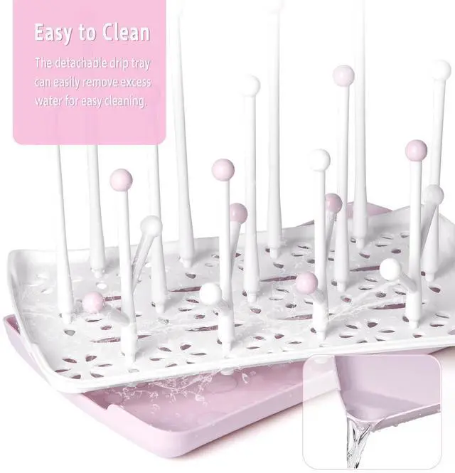 Alt view image 6 of 7 - Baby Bottle Drying Rack, Large Capacity Baby Bottle Rack for Bottles, Dry Rack with Removable Water Tray(Pink)