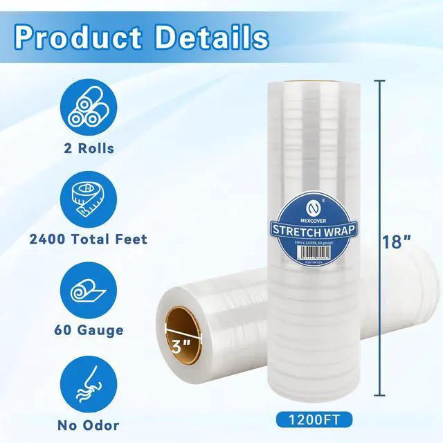 Alt view image 2 of 6 - 18 Inch Stretch Wrap - 1200 Feet | 60 Gauge, 2 Roll Clear Plastic Self-adhering Stretch Wrap Film for Pallet Wrap, Thick and Durable Packing Moving Supplies Heavy Duty Shrink Film.
