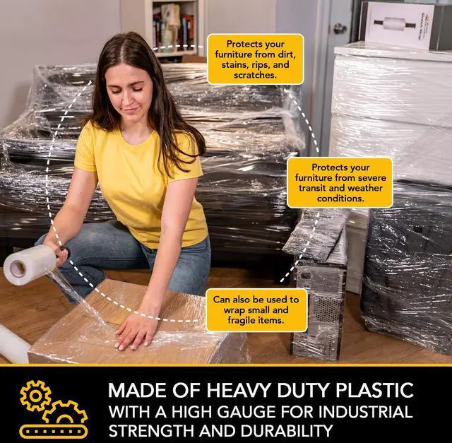 Alt view image 4 of 5 - 15 Inch Clear Stretch Wrap Roll with Handles (1 Roll-1000 Feet) Heavy Duty Shrink Wrap for Moving, Packing Supplies for Wrapping Furniture, Industrial Plastic Pallet Cling