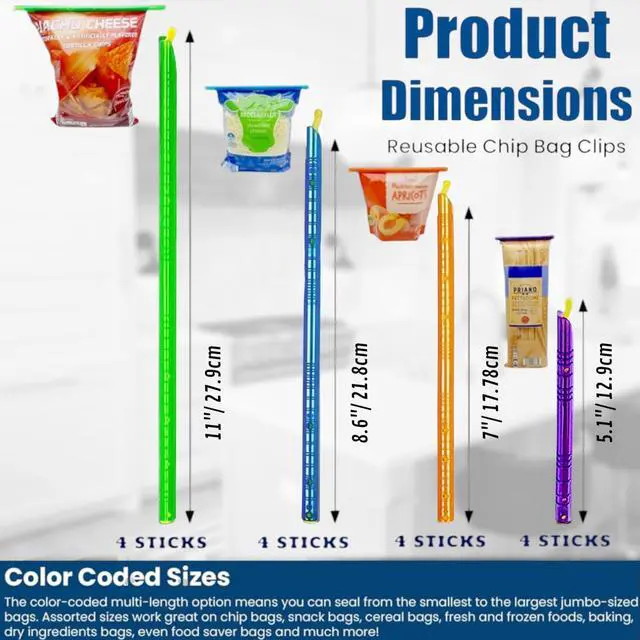 Alt view image 2 of 7 - 16pc - Magic Bag Sealer Sticks, Reusable Plastic Food Storage Clips in 4 Sizes, Multi-Color Airtight Watertight Closures for Snacks, Chips, Pantry Organization