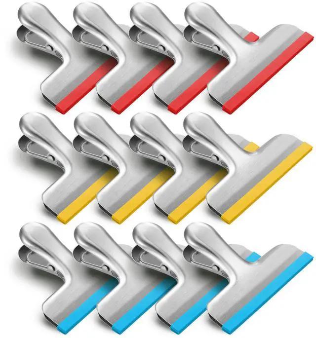 Main image of 12 Pack Stainless Steel Chip Bag Clips Covered with Silicone - NO More Sharp Edges - Color Coded for Food Bags - Air Tight Seal, Heavy Duty for Kitchen and Office, 3 Inches