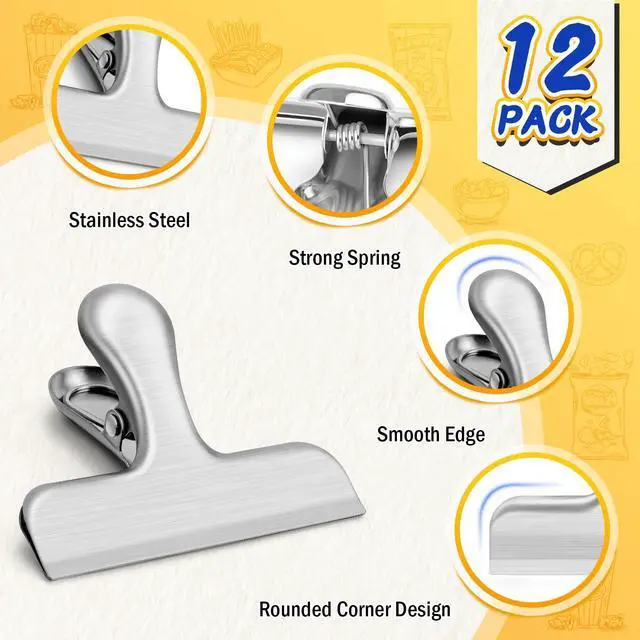 Alt view image 3 of 7 - 12 Pack Stainless Steel Chip Clips, Bag Clips for Food, Heavy Duty Snack Clip Metal Clip to Seal Coffee Bags, Ideal for Office and Kitchen Use, Binder Clip Large - 3 Inches, Silver