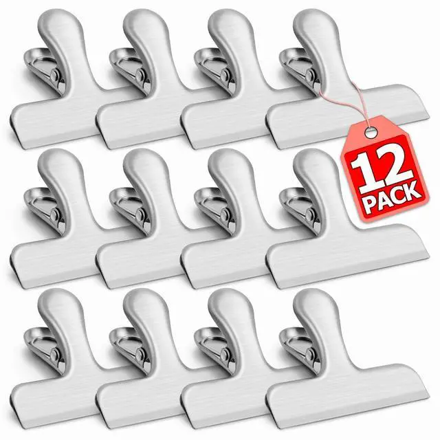Main image of 12 Pack Stainless Steel Chip Clips, Bag Clips for Food, Heavy Duty Snack Clip Metal Clip to Seal Coffee Bags, Ideal for Office and Kitchen Use, Binder Clip Large - 3 Inches, Silver