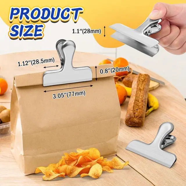 Alt view image 2 of 7 - 12 Pack Stainless Steel Chip Clips, Bag Clips for Food, Heavy Duty Snack Clip Metal Clip to Seal Coffee Bags, Ideal for Office and Kitchen Use, Binder Clip Large - 3 Inches, Silver