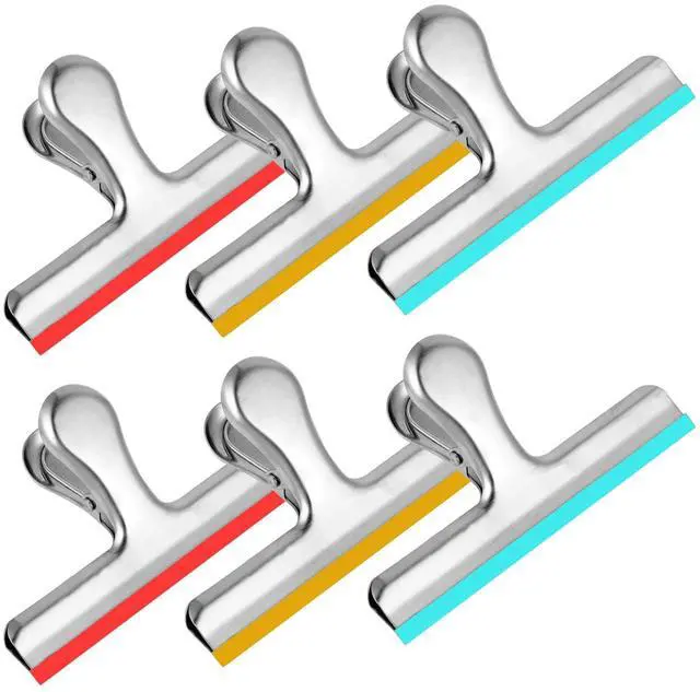 Main image of 6 Pack Stainless Steel Chip Bag Clips Covered with Colorful Silicone - NO More Sharp Edges - Color Coded for Food Bags - Air Tight Seal, Heavy Duty for Kitchen and Office, 5 Inches-Silver