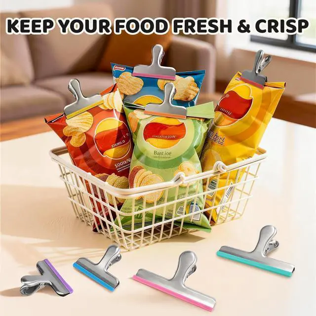 Alt view image 6 of 7 - 6 Pack Stainless Steel Chip Bag Clips Covered with Colorful Silicone - NO More Sharp Edges - Color Coded for Food Bags - Air Tight Seal, Heavy Duty for Kitchen and Office, 5 Inches-Silver