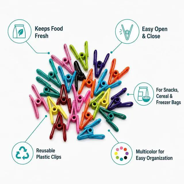 Alt view image 2 of 7 - Chip Clips Bag 30 Pack Heavy Duty Food Storage Sealing Clamps for Snack Bags & Bread Multicolor Plastic Food Clips with Strong Spring Grip Kitchen Organization Bag Sealer