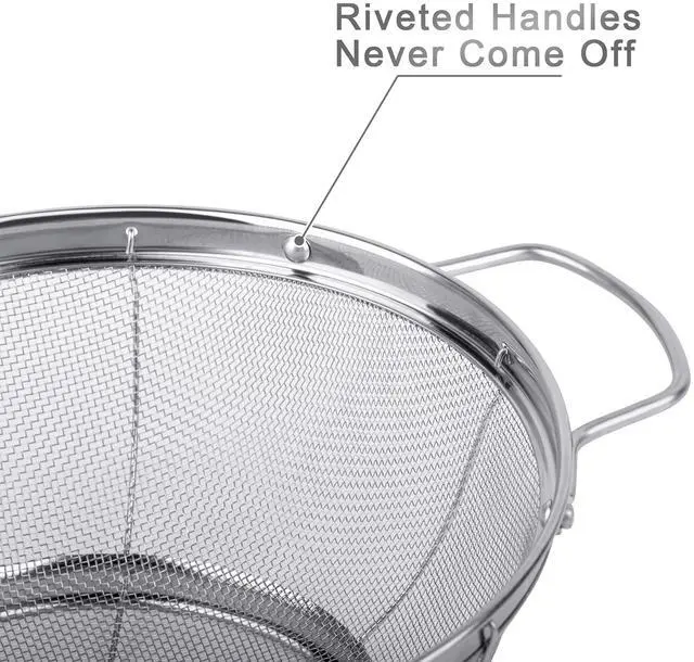 Alt view image 3 of 7 - 3 Pack 18/8 Stainless Steel Colander Sieves(5-Quart, 4-Quart and 3-Quart), Mesh Strainer Net Baskets with Handles & Resting Base for Strain, Drain, Rinse or Steam
