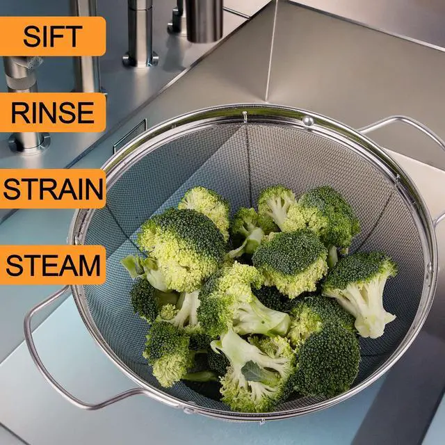 Alt view image 6 of 7 - 3 Pack 18/8 Stainless Steel Colander Sieves(5-Quart, 4-Quart and 3-Quart), Mesh Strainer Net Baskets with Handles & Resting Base for Strain, Drain, Rinse or Steam