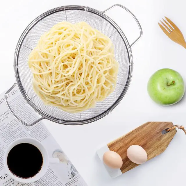 Alt view image 7 of 7 - 3 Pack 18/8 Stainless Steel Colander Sieves(5-Quart, 4-Quart and 3-Quart), Mesh Strainer Net Baskets with Handles & Resting Base for Strain, Drain, Rinse or Steam