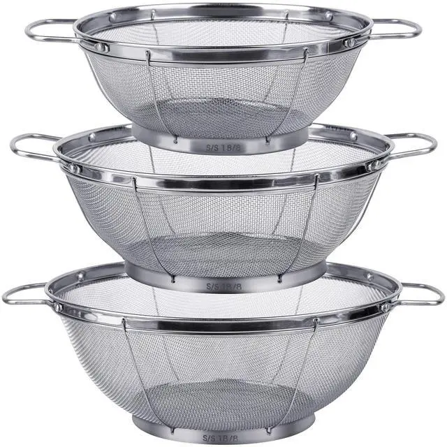 Main image of 3 Pack 18/8 Stainless Steel Colander Sieves(5-Quart, 4-Quart and 3-Quart), Mesh Strainer Net Baskets with Handles & Resting Base for Strain, Drain, Rinse or Steam