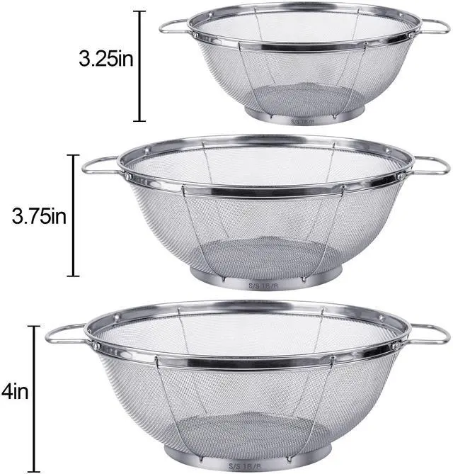 Alt view image 5 of 7 - 3 Pack 18/8 Stainless Steel Colander Sieves(5-Quart, 4-Quart and 3-Quart), Mesh Strainer Net Baskets with Handles & Resting Base for Strain, Drain, Rinse or Steam