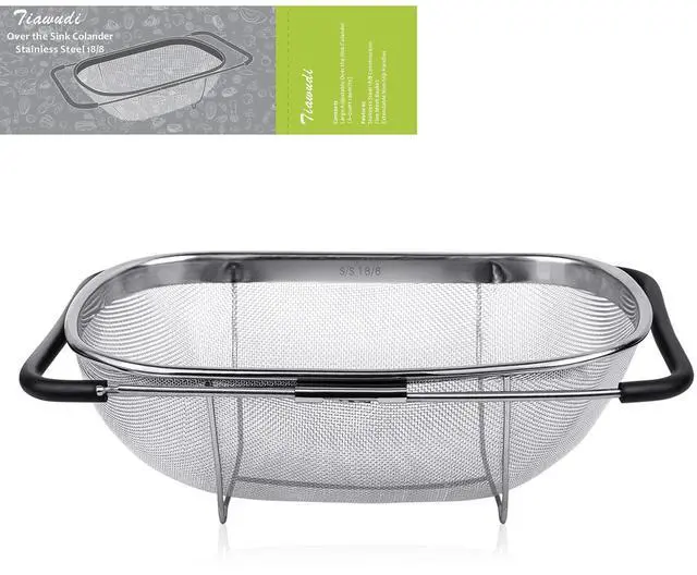 Main image of 6-Quart Large Over The Sink Colander, Heavy Duty 40% Thicker 18/8 Stainless Steel Fine Mesh Strainer Basket with Expandable Rubber Grip Handles - Strain, Drain, Rinse Fruits, Vegetables