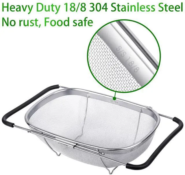 Alt view image 3 of 7 - 6-Quart Large Over The Sink Colander, Heavy Duty 40% Thicker 18/8 Stainless Steel Fine Mesh Strainer Basket with Expandable Rubber Grip Handles - Strain, Drain, Rinse Fruits, Vegetables