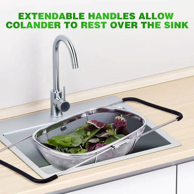 Alt view image 6 of 7 - 6-Quart Large Over The Sink Colander, Heavy Duty 40% Thicker 18/8 Stainless Steel Fine Mesh Strainer Basket with Expandable Rubber Grip Handles - Strain, Drain, Rinse Fruits, Vegetables