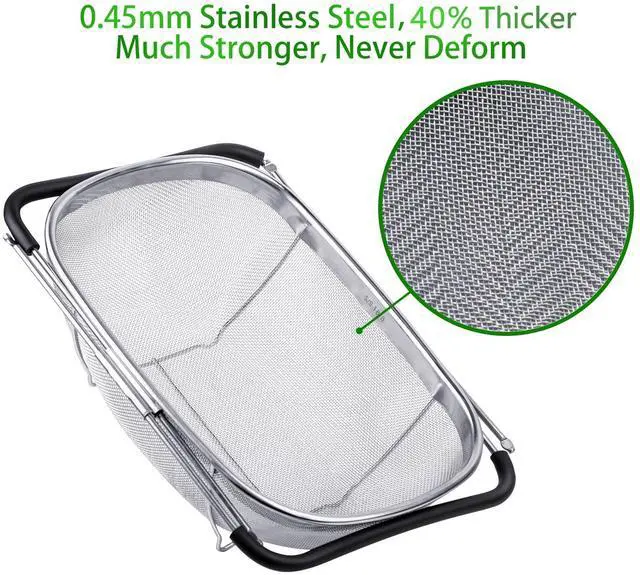Alt view image 4 of 7 - 6-Quart Large Over The Sink Colander, Heavy Duty 40% Thicker 18/8 Stainless Steel Fine Mesh Strainer Basket with Expandable Rubber Grip Handles - Strain, Drain, Rinse Fruits, Vegetables