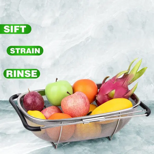 Alt view image 7 of 7 - 6-Quart Large Over The Sink Colander, Heavy Duty 40% Thicker 18/8 Stainless Steel Fine Mesh Strainer Basket with Expandable Rubber Grip Handles - Strain, Drain, Rinse Fruits, Vegetables