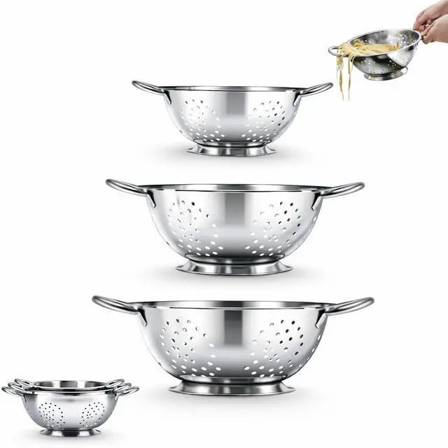 Main image of 3-Piece Stainless Steel Colander Set - Multiple Sizes - 1.5, 3, 5 Quart - Durable, Professional Grade Design with Handles for Easy Transfer - Ideal Kitchen Strainer for Cooking & Washing